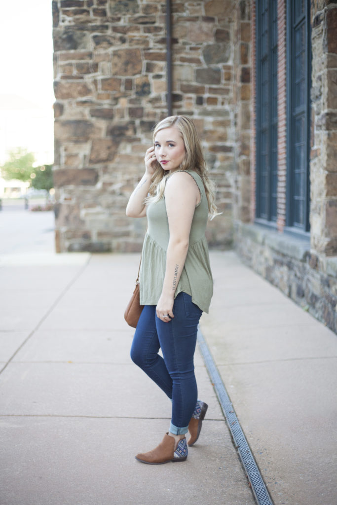 Light Olive Top & Aztec Print Ankle Boots | Coffee With Summer