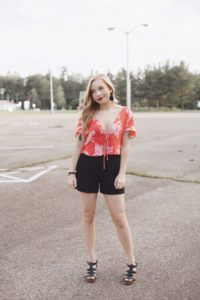 Coral Crop Top & Black High-Waisted Shorts