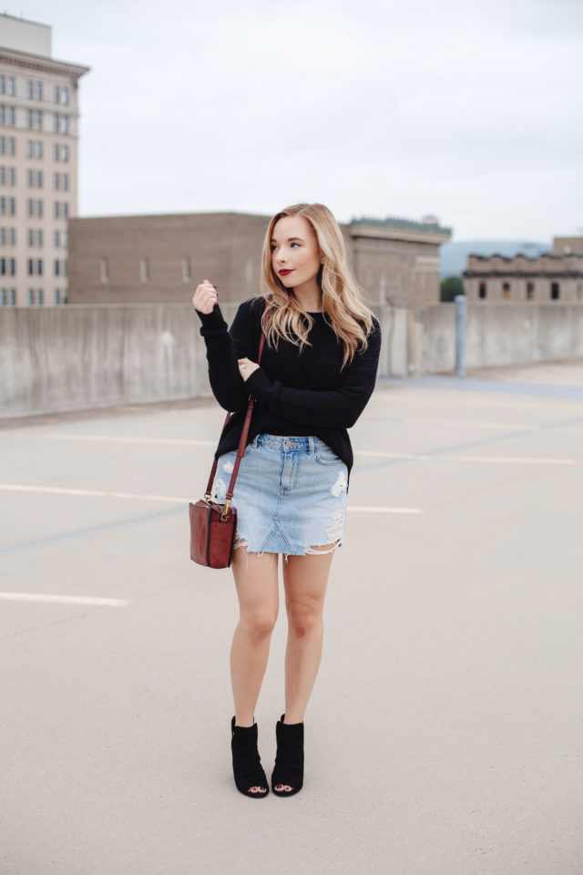 How To Wear A Denim Mini Skirt For Fall - Coffee With Summer