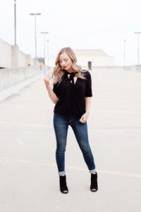 black top, jeans, casual outfit